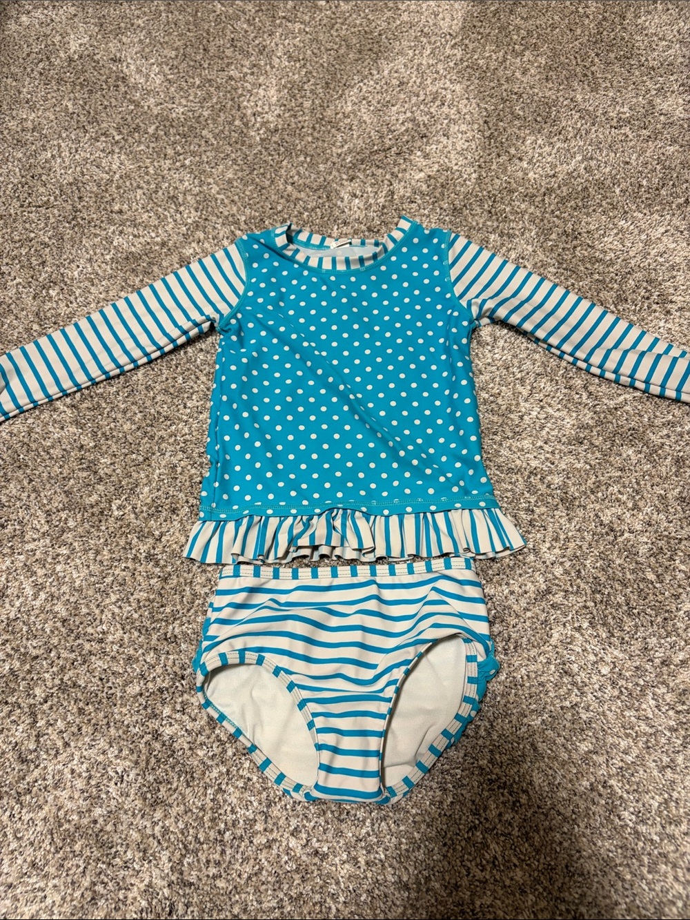 Ruffle Butts Turquoise & White Polka Dot and Stripe Long-Sleeve Swim Set